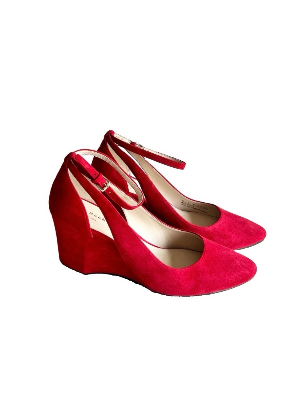 New Cole Haan Red Suede Leather Almond Toe Ankle Strap Wedge Heels size 7.5